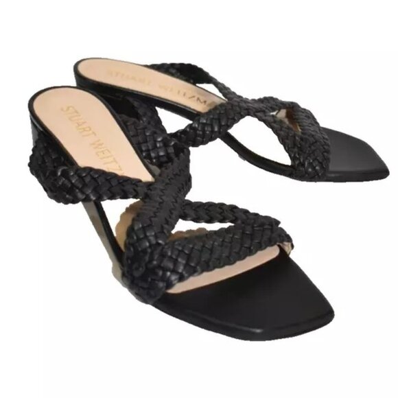 $450 STUART WEITZMAN ROSIE 50 WOVEN BRAIDED SLIDE SANDAL BLACK LEATHER 7 (DB8) - Picture 2 of 7